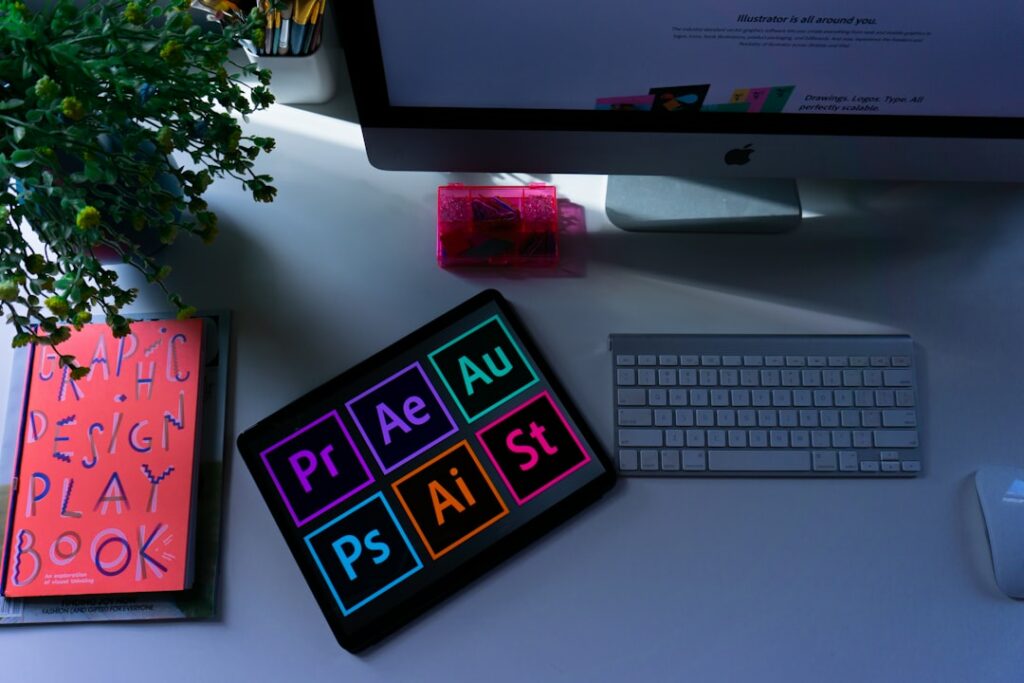Various logo sketches and brand mood board on a designer's desk