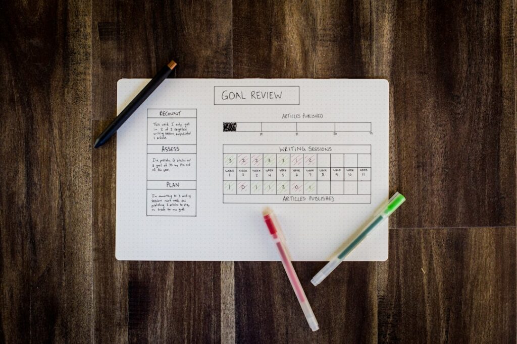 Person doing a weekly goals review in a planner
